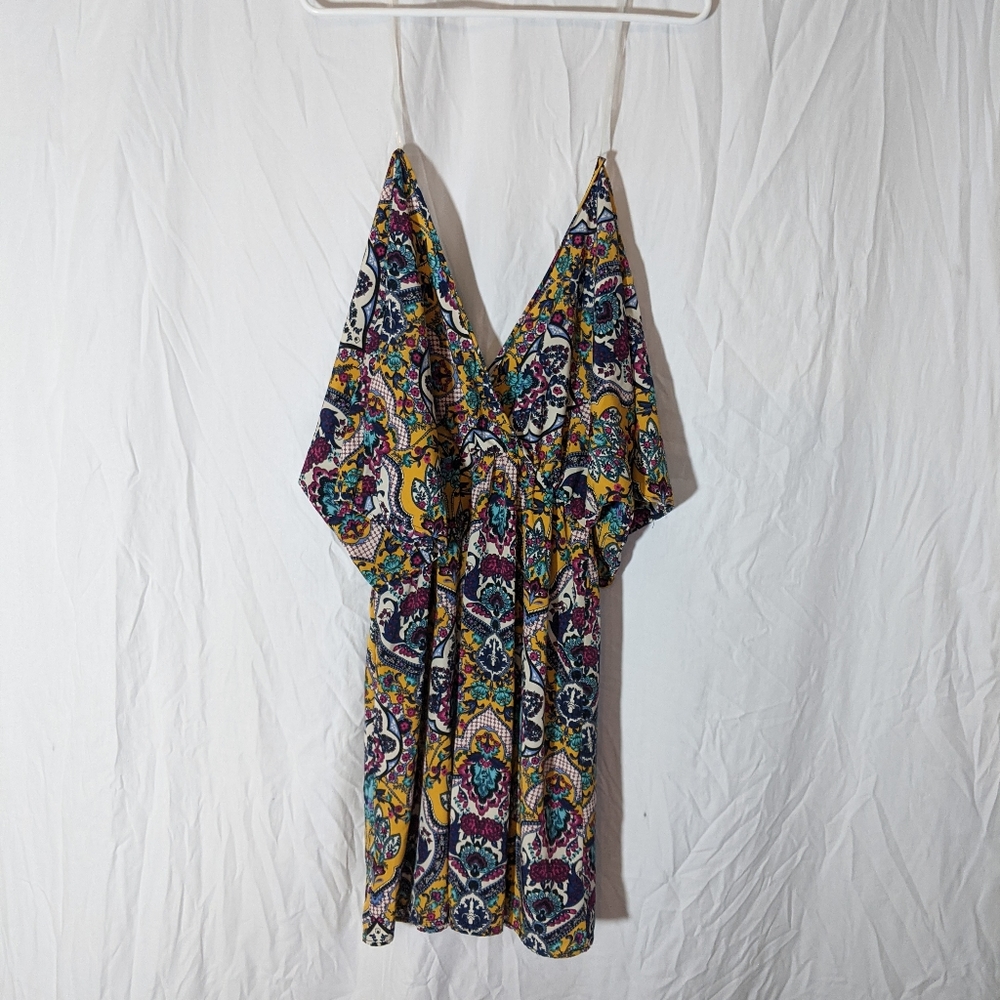Yellow and Pink Paisley Dress Top Flowy Low Cut - Picture 2 of 3